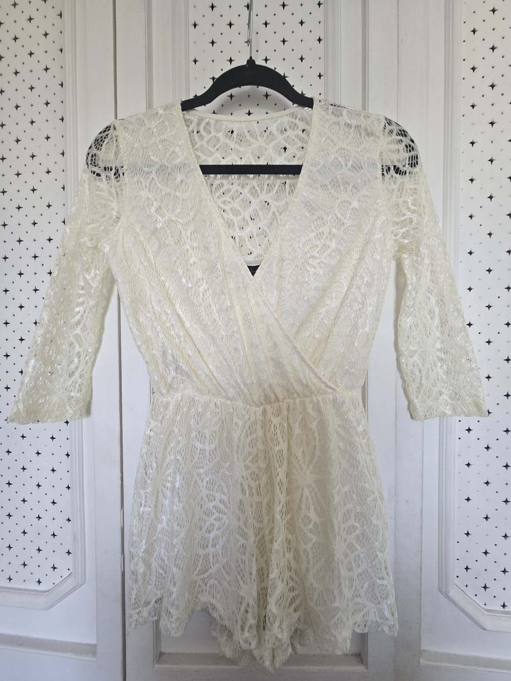 Derek Heart Cream Lace Long Sleeve Wrap Romper Dress